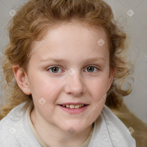 Joyful white child female with medium  brown hair and blue eyes