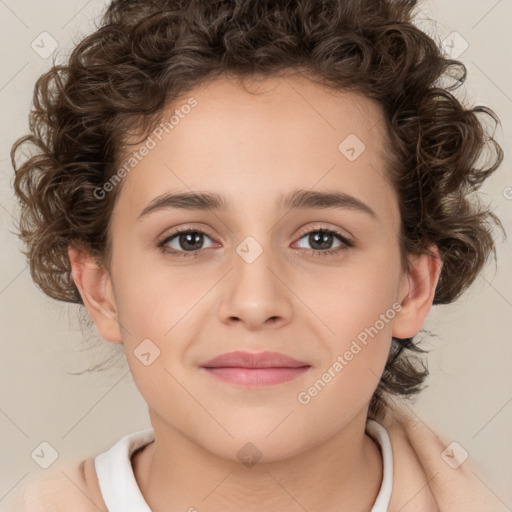 Joyful white child female with medium  brown hair and brown eyes