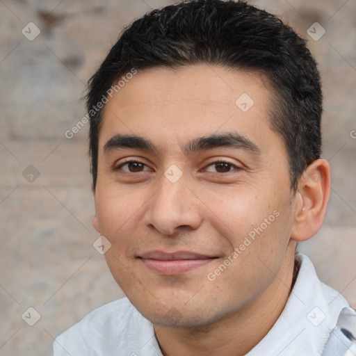 Joyful white young-adult male with short  black hair and brown eyes