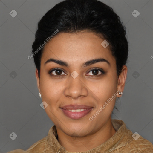 Joyful latino young-adult female with short  black hair and brown eyes