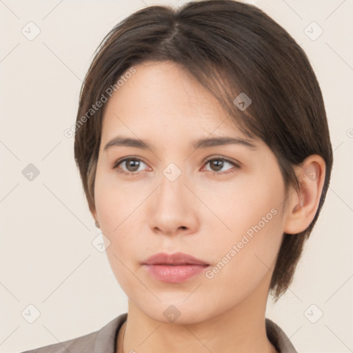 Neutral white young-adult female with medium  brown hair and brown eyes