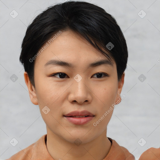 Joyful asian young-adult female with short  black hair and brown eyes