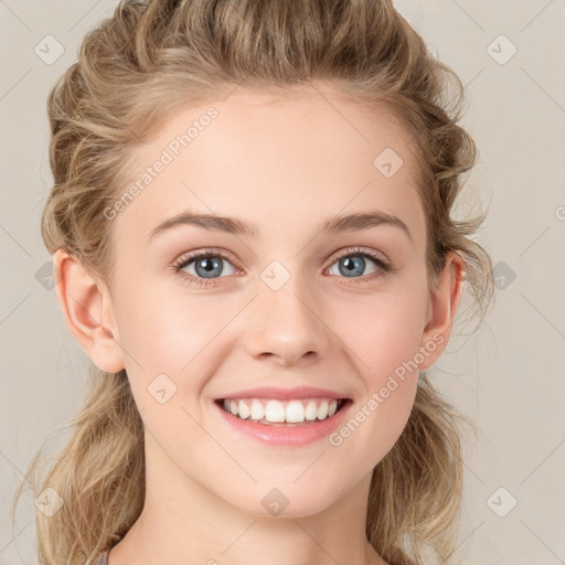 Joyful white young-adult female with medium  brown hair and blue eyes