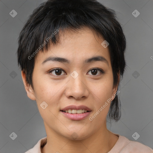 Joyful asian young-adult female with medium  brown hair and brown eyes