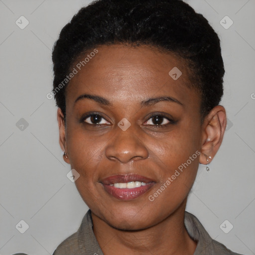 Joyful black young-adult female with short  black hair and brown eyes