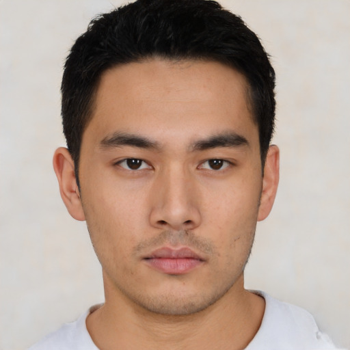 Neutral asian young-adult male with short  black hair and brown eyes