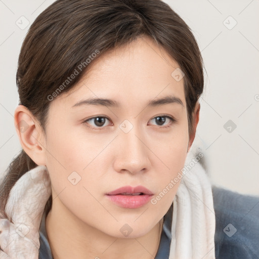 Neutral white young-adult female with medium  brown hair and brown eyes