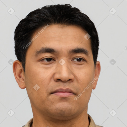 Neutral asian young-adult male with short  black hair and brown eyes