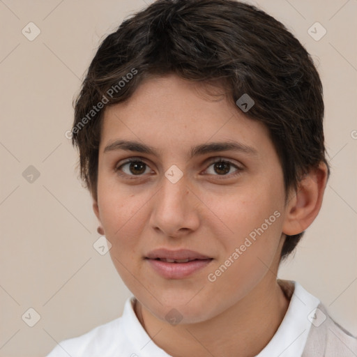 Joyful white young-adult female with short  brown hair and brown eyes