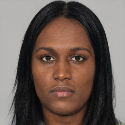 Neutral asian young-adult female with long  black hair and brown eyes