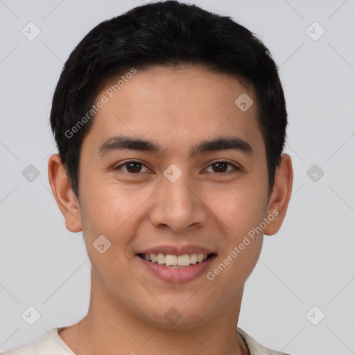 Joyful white young-adult male with short  black hair and brown eyes