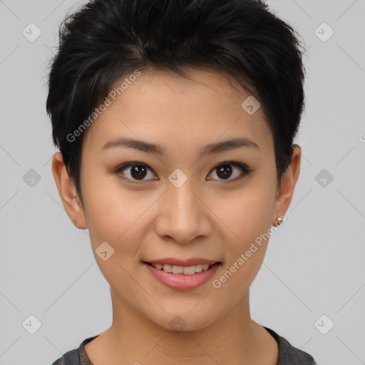 Joyful asian young-adult female with short  brown hair and brown eyes