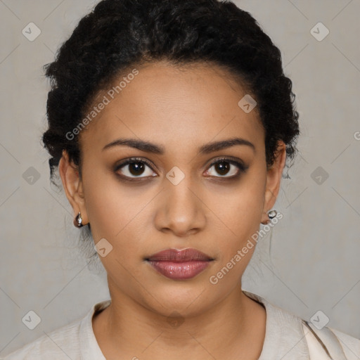 Joyful latino young-adult female with short  black hair and brown eyes