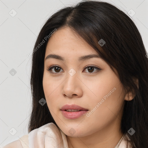 Neutral white young-adult female with long  brown hair and brown eyes