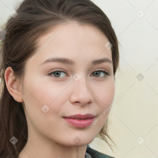 Joyful white young-adult female with long  brown hair and green eyes