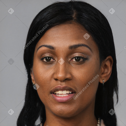 Joyful black young-adult female with medium  black hair and brown eyes