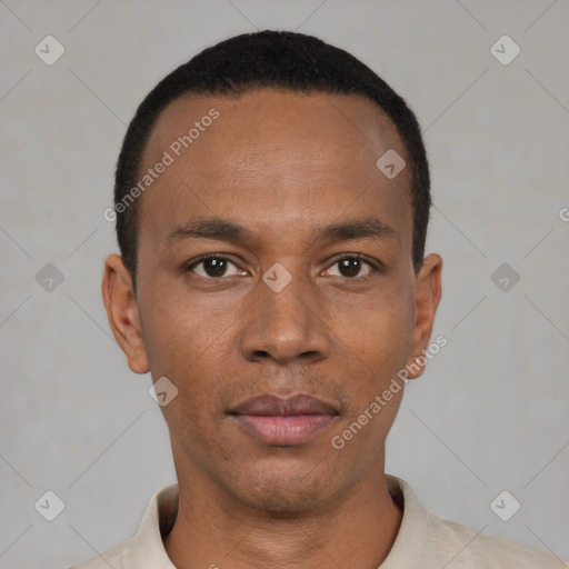 Neutral black young-adult male with short  black hair and brown eyes
