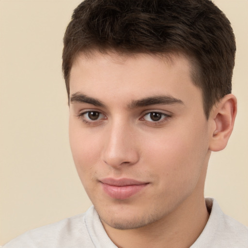 Neutral white young-adult male with short  brown hair and brown eyes