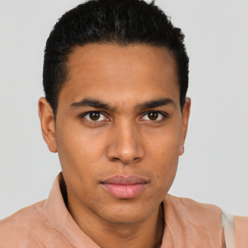 Neutral latino young-adult male with short  brown hair and brown eyes