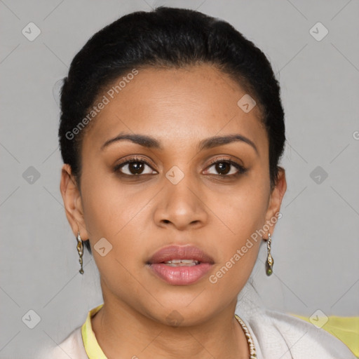 Joyful latino young-adult female with short  black hair and brown eyes