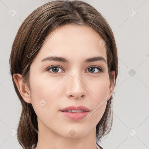 Neutral white young-adult female with medium  brown hair and brown eyes