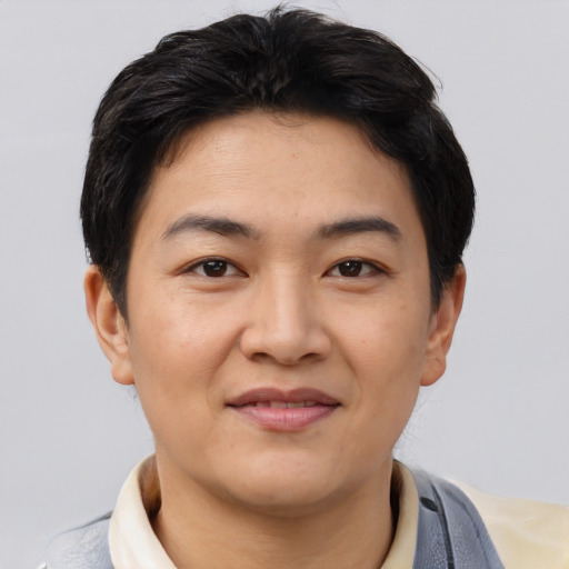 Joyful asian young-adult male with short  brown hair and brown eyes