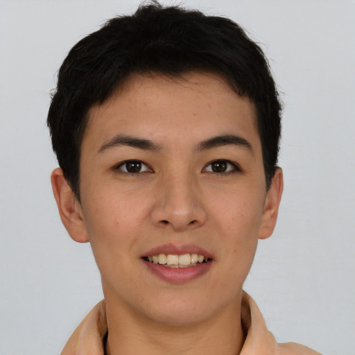 Joyful asian young-adult female with short  brown hair and brown eyes