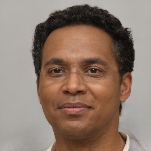 Joyful black adult male with short  brown hair and brown eyes