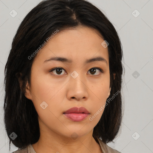 Neutral asian young-adult female with medium  brown hair and brown eyes