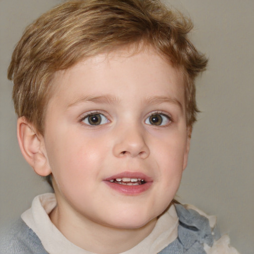 Joyful white child male with medium  brown hair and blue eyes