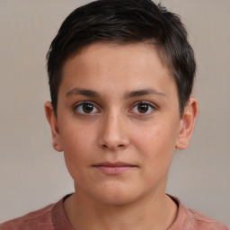 Neutral white young-adult female with short  brown hair and brown eyes