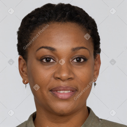 Joyful black young-adult female with short  brown hair and brown eyes