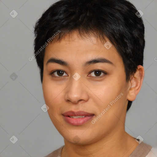 Joyful asian young-adult female with short  brown hair and brown eyes