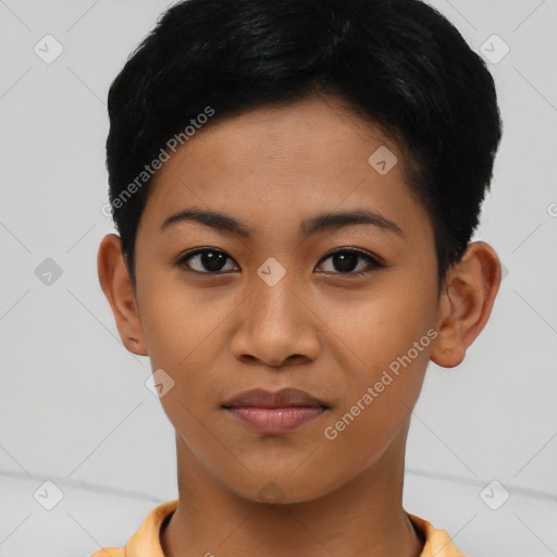 Joyful asian young-adult female with short  black hair and brown eyes