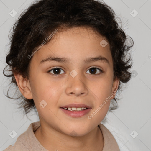 Joyful white child female with medium  brown hair and brown eyes