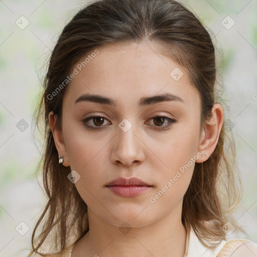 Neutral white young-adult female with medium  brown hair and brown eyes