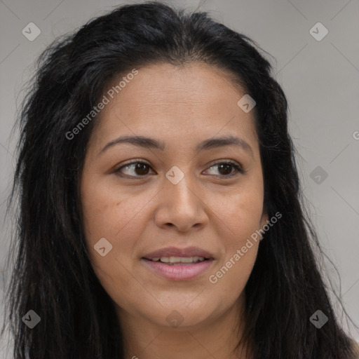 Joyful asian young-adult female with long  brown hair and brown eyes