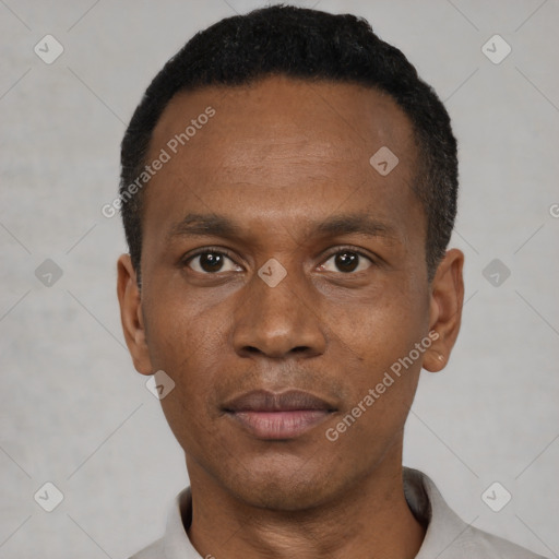 Neutral black young-adult male with short  black hair and brown eyes