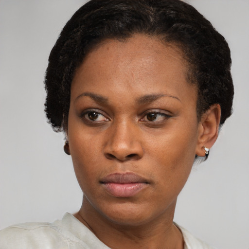 Neutral black young-adult female with short  black hair and brown eyes