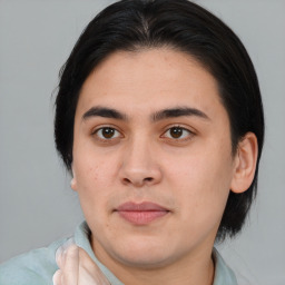 Joyful white young-adult male with medium  brown hair and brown eyes