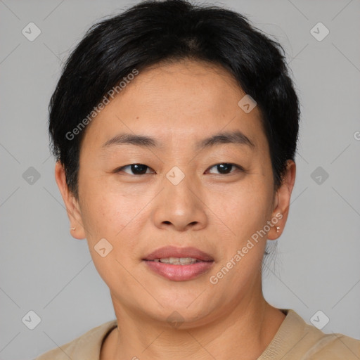 Joyful asian young-adult female with short  brown hair and brown eyes