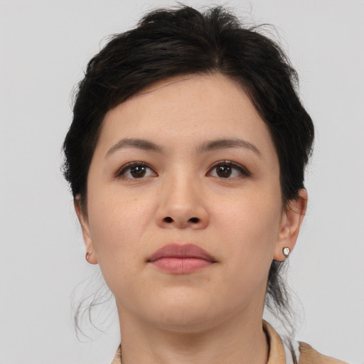 Neutral asian young-adult female with medium  brown hair and brown eyes
