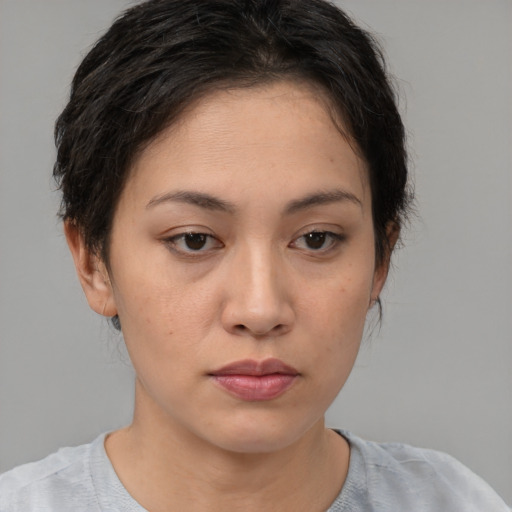 Neutral asian young-adult female with short  brown hair and brown eyes