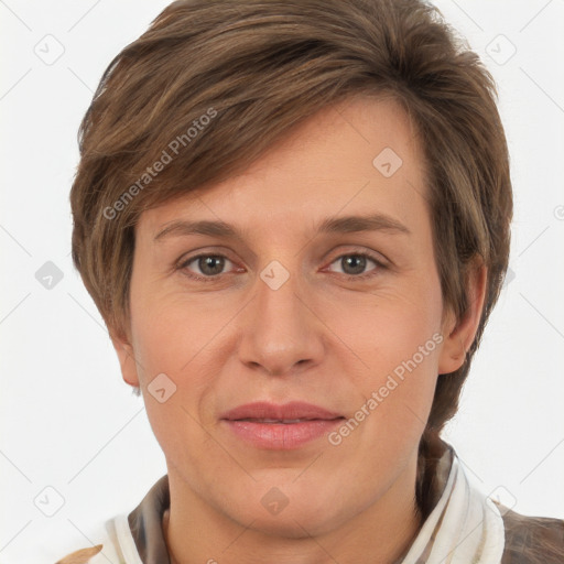 Joyful white adult female with short  brown hair and brown eyes