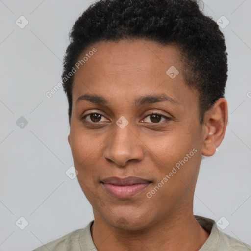 Joyful black young-adult female with short  brown hair and brown eyes