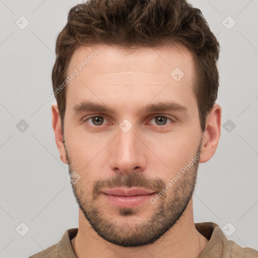 Neutral white young-adult male with short  brown hair and grey eyes