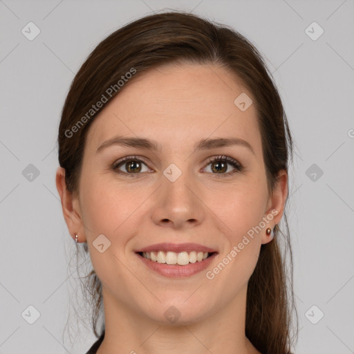 Joyful white young-adult female with long  brown hair and grey eyes