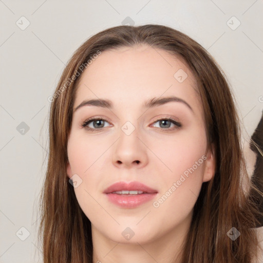 Neutral white young-adult female with long  brown hair and brown eyes