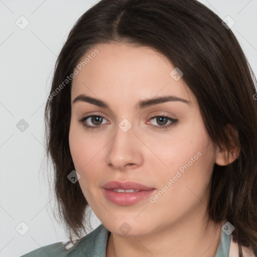 Neutral white young-adult female with medium  brown hair and brown eyes