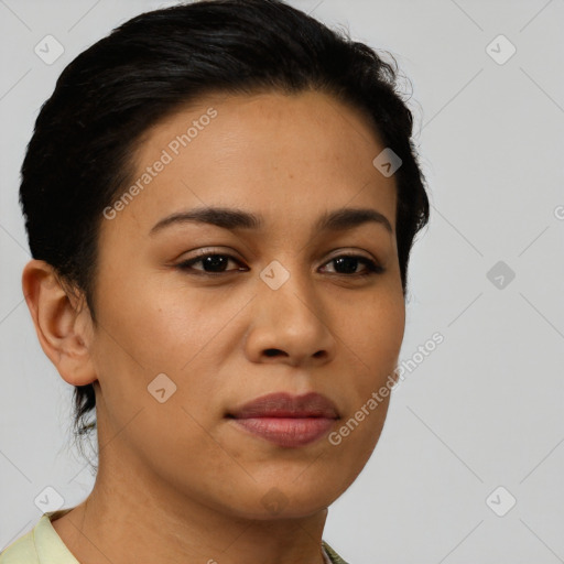 Joyful latino young-adult female with short  brown hair and brown eyes